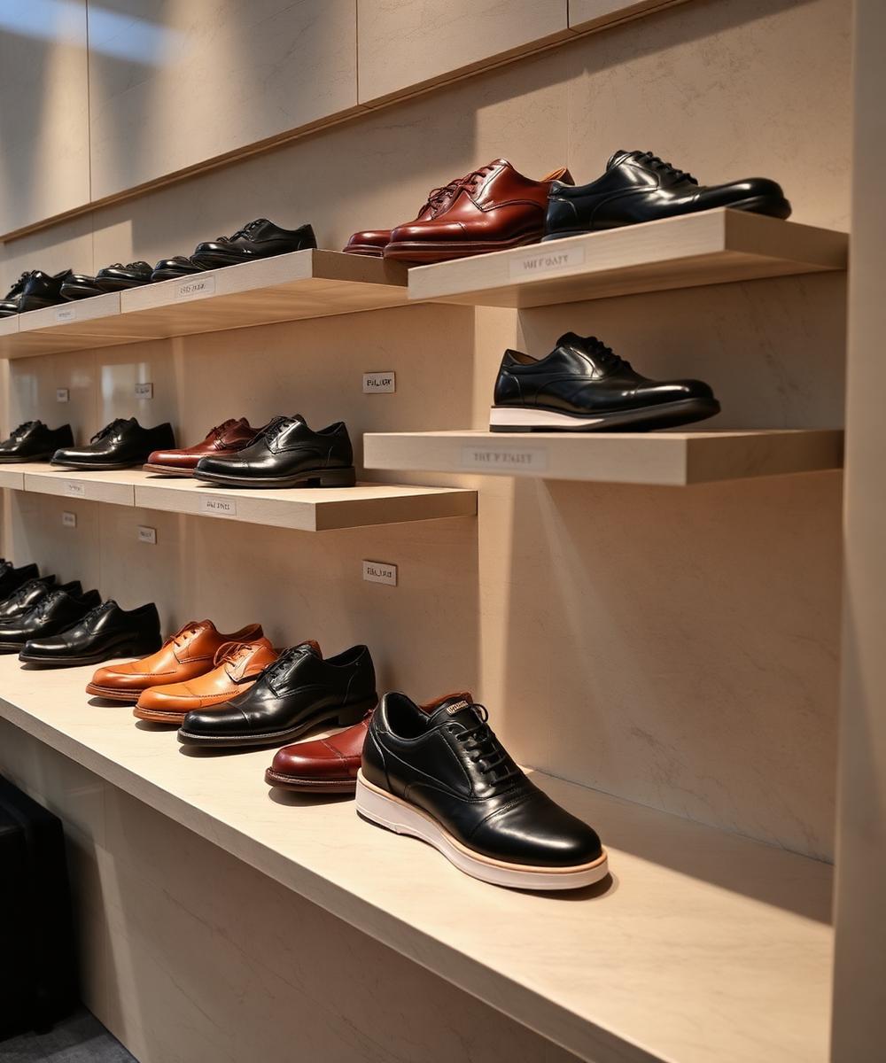 Display of men's leather shoes and premium sneakers