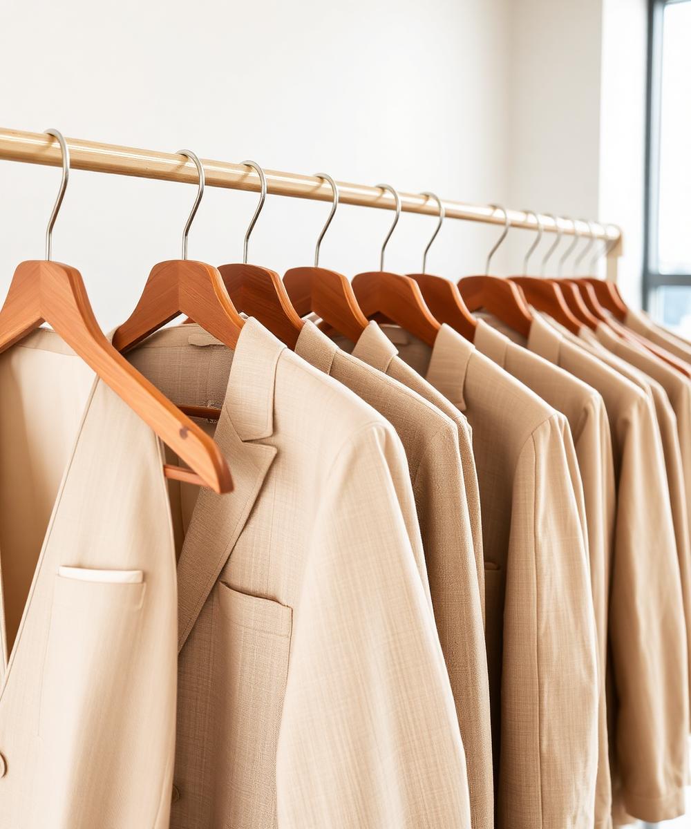 Rail of premium linen suits in neutral tones